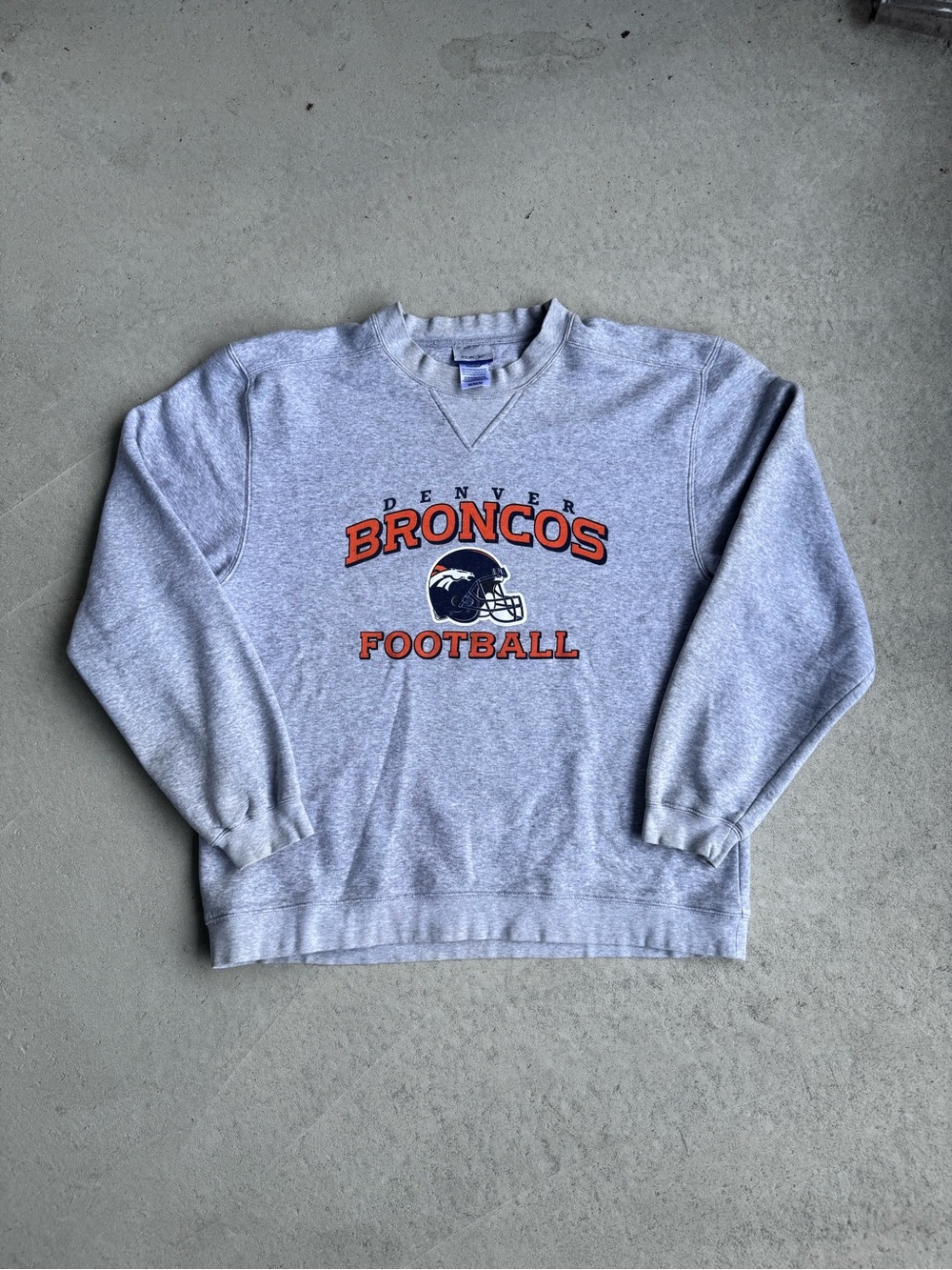 Reebok Gray Denver Broncos Football Crewneck Sweatshirt with Orange & Navy Logo